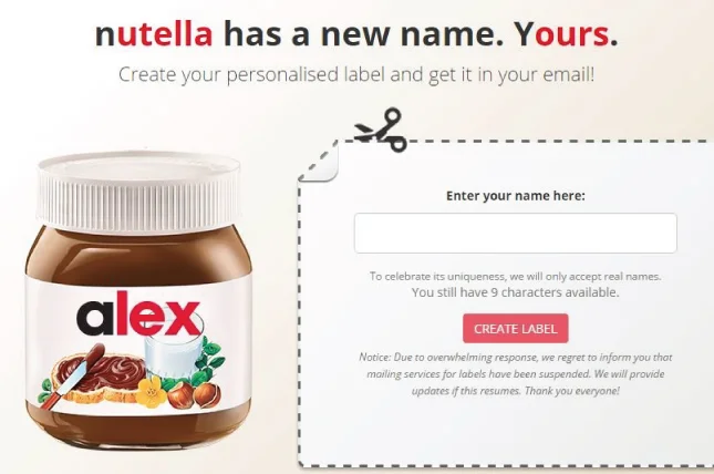 nutella personalisation